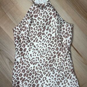 Express Leopard Print Satin Halter Dress Asymmetrical Hem Slip Dress XXS
